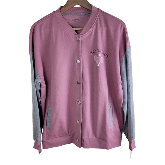 Rebelious One Tennis Club New York Varsity Jacket size L Pink Tenniscore *FLAW* - Picture 2 of 10